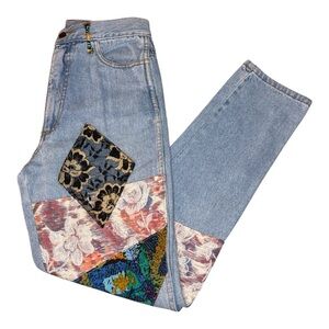 90’s Fredericks of Hollywood patchwork light denim high waisted jeans